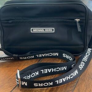 Michael Kors black white nylon camera crossbody bag webbing logo strap